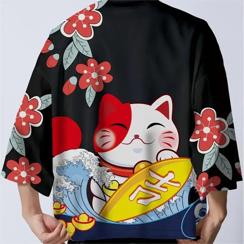 Japanese Sakura Cat Samurai Printed Kimono for Men Women, Haori Cardigan, Traditional Costume, Loose Short Sleeve Cloak, S-3XL