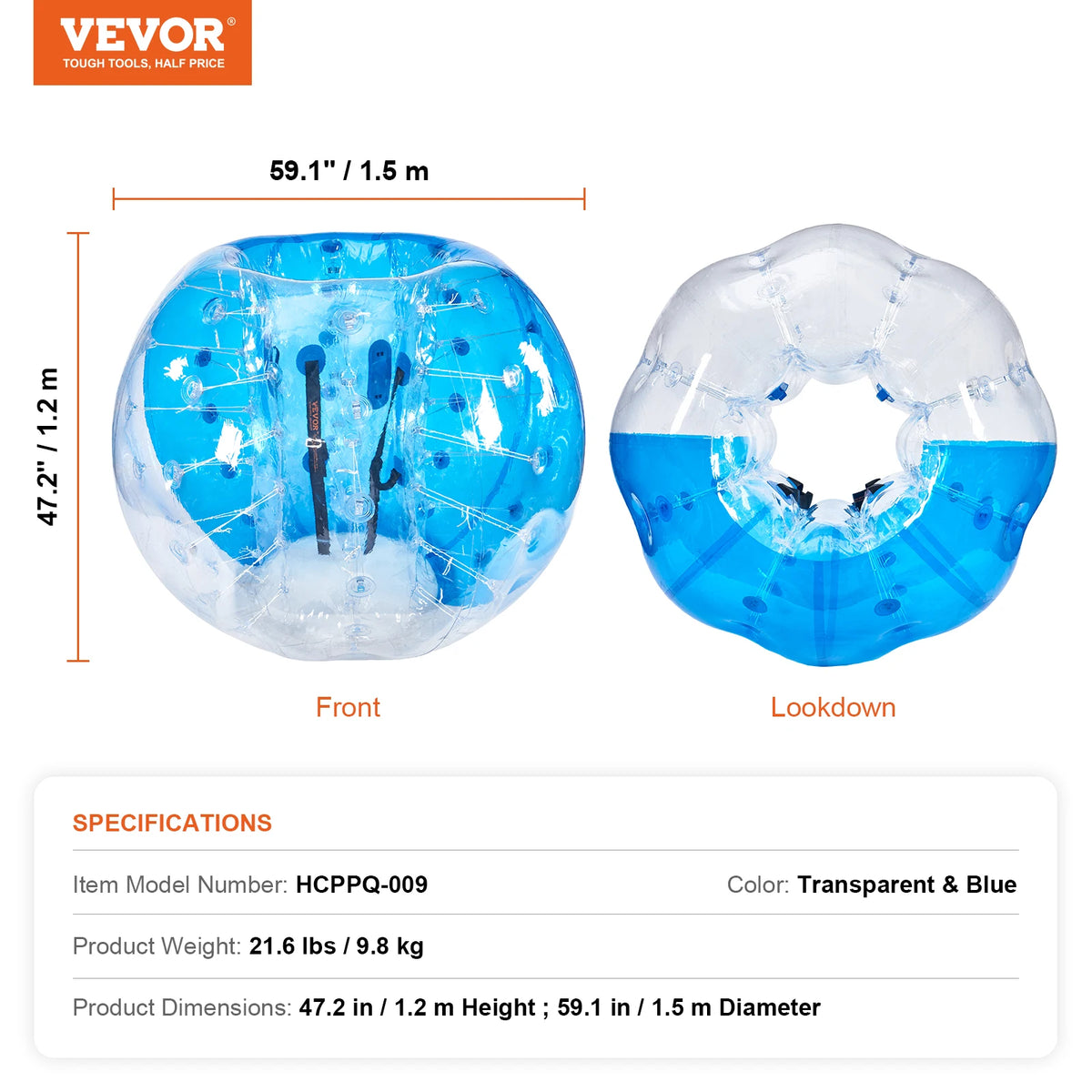 VEVOR 5FT/1.5M Inflatable Bumper Ball BBody Bubble Zorb Ball for Teen & Adult Body Bubble Soccer Balls PVC Hamster Bubble Balls