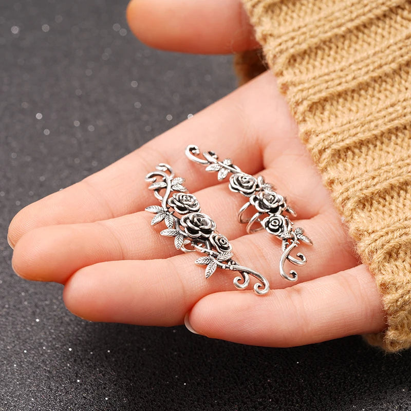 Huitan Aesthetic Flowers Clip Earrings Women Rose Floral Climbers Ear Cuffs Fake Piercing Vintage Elegant Lady Jewelry for Party