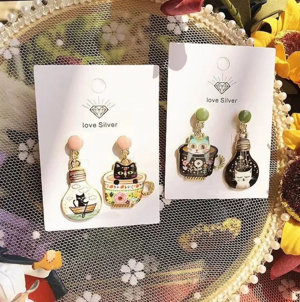 Poured to Purrfection – Sweet Cup Cat Earrings That Stir Joy with Every Swing