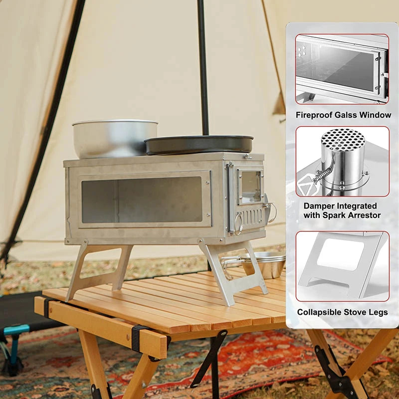 Portable Camping Tent Stove Ultralight Stainless Steel Foldable Wood Burner Stove with Glass WindowsTent Heaters for Outdoor