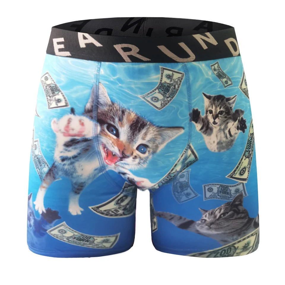 Fashion Men's 3D Cat Printed Funny Pattern Tilament Pants Breathable and Comfortable Fast Dry Sport Boxers Briefs Plus Size