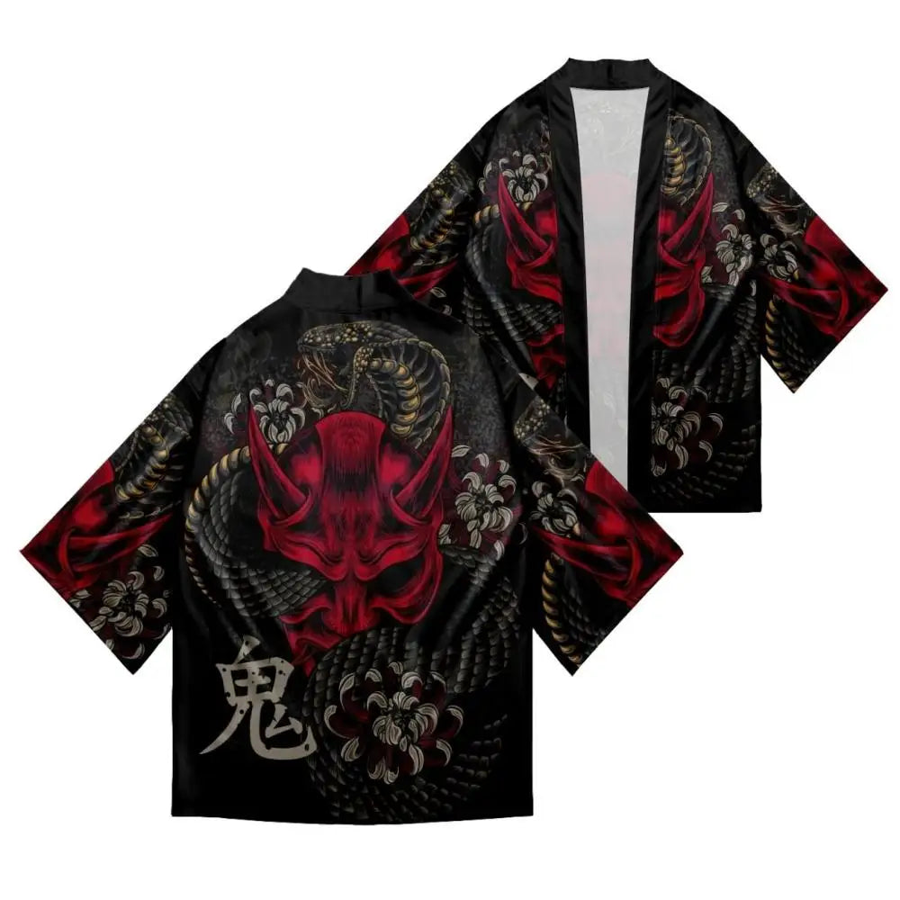 Summer Demon Snake Print Cardigan Men's Chinese Dragon Pattern Japanese Kimono Plus Size Asian Traditional Costume Cosplay Coat