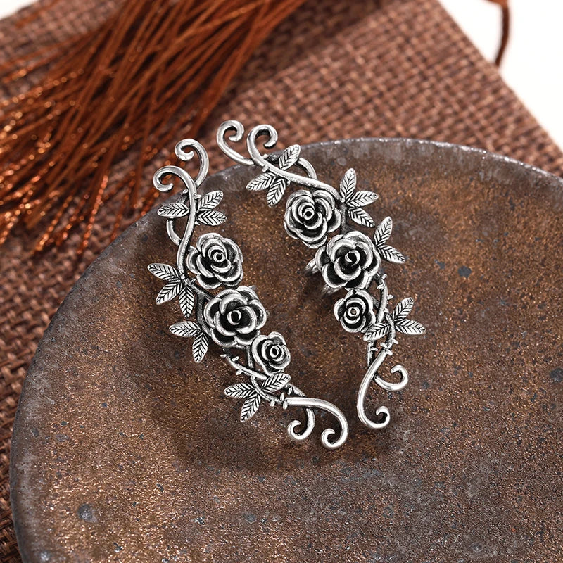 Huitan Aesthetic Flowers Clip Earrings Women Rose Floral Climbers Ear Cuffs Fake Piercing Vintage Elegant Lady Jewelry for Party