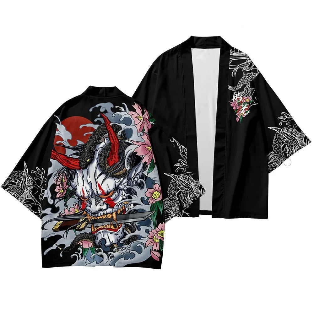 Summer Demon Snake Print Cardigan Men's Chinese Dragon Pattern Japanese Kimono Plus Size Asian Traditional Costume Cosplay Coat