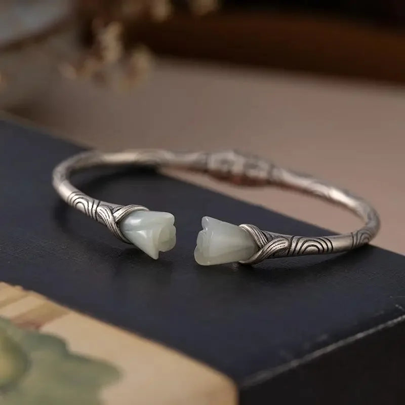 Creative Design Natural Hetian White Chalcedony Magnolia Charm Bracelet Chinese Style Retro Ethnic Style Chinese Ladies Jewelry
