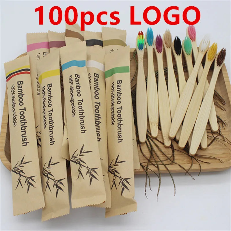 50/100Pcs Customisable Logo Soft Bristle Bamboo Toothbrush Eco Friendly Wood Tooth Brushes Traveling Teeth Care Tools for Adults