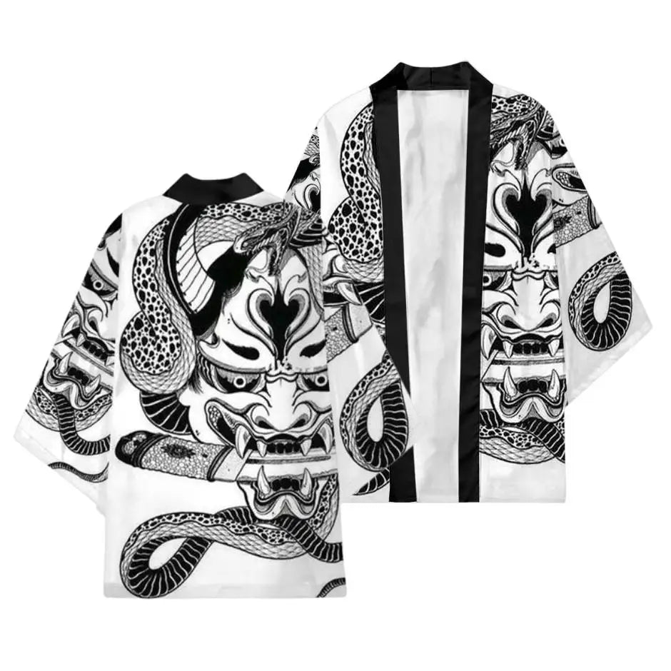 Summer Demon Snake Print Cardigan Men's Chinese Dragon Pattern Japanese Kimono Plus Size Asian Traditional Costume Cosplay Coat