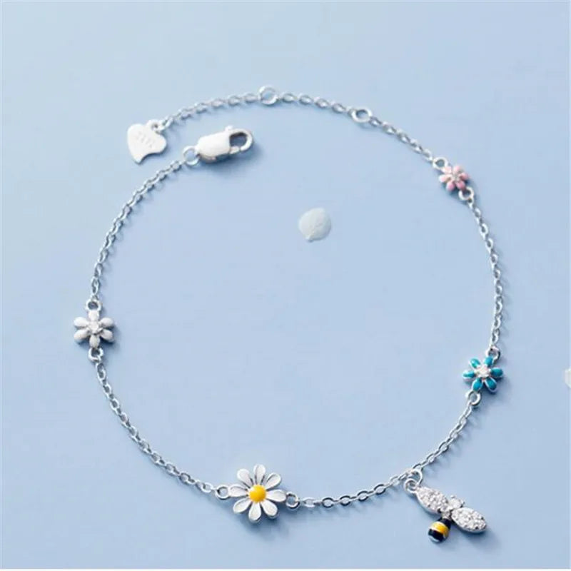925 Silver Garden of Light – Sterling Silver Daisy & Bee Charm Bracelet That Dances with Every Move