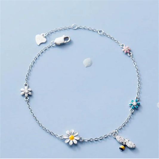925 Silver Garden of Light – Sterling Silver Daisy & Bee Charm Bracelet That Dances with Every Move