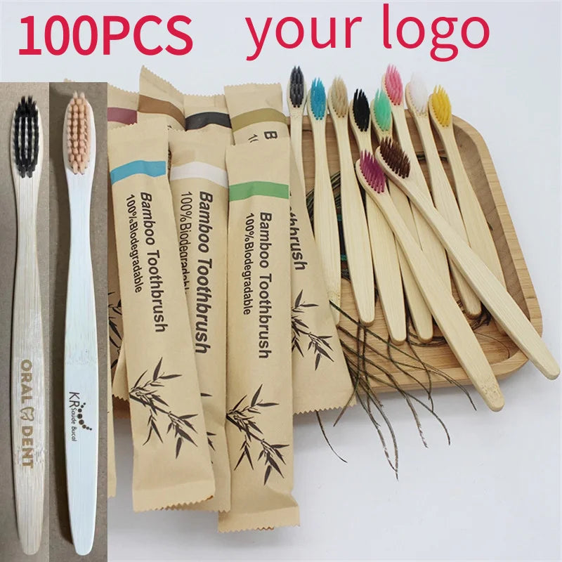 50/100Pcs Customisable Logo Soft Bristle Bamboo Toothbrush Eco Friendly Wood Tooth Brushes Traveling Teeth Care Tools for Adults