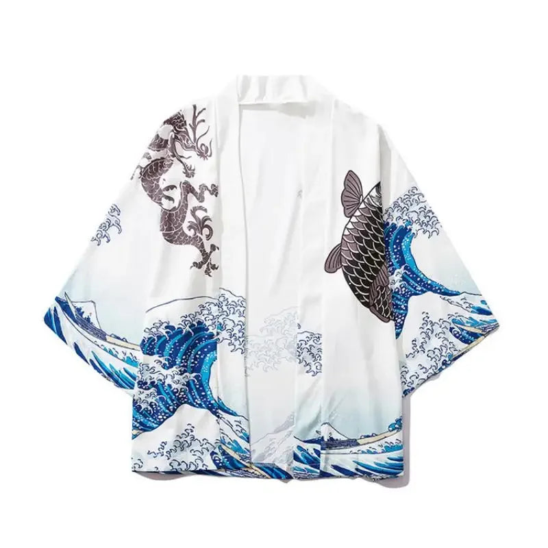 Men and Women's Japanese Kimono, Wave Carp, 3D Print Pattern Coat, Green Traditional Haori Cardigan, Japan Black Beach Clothing