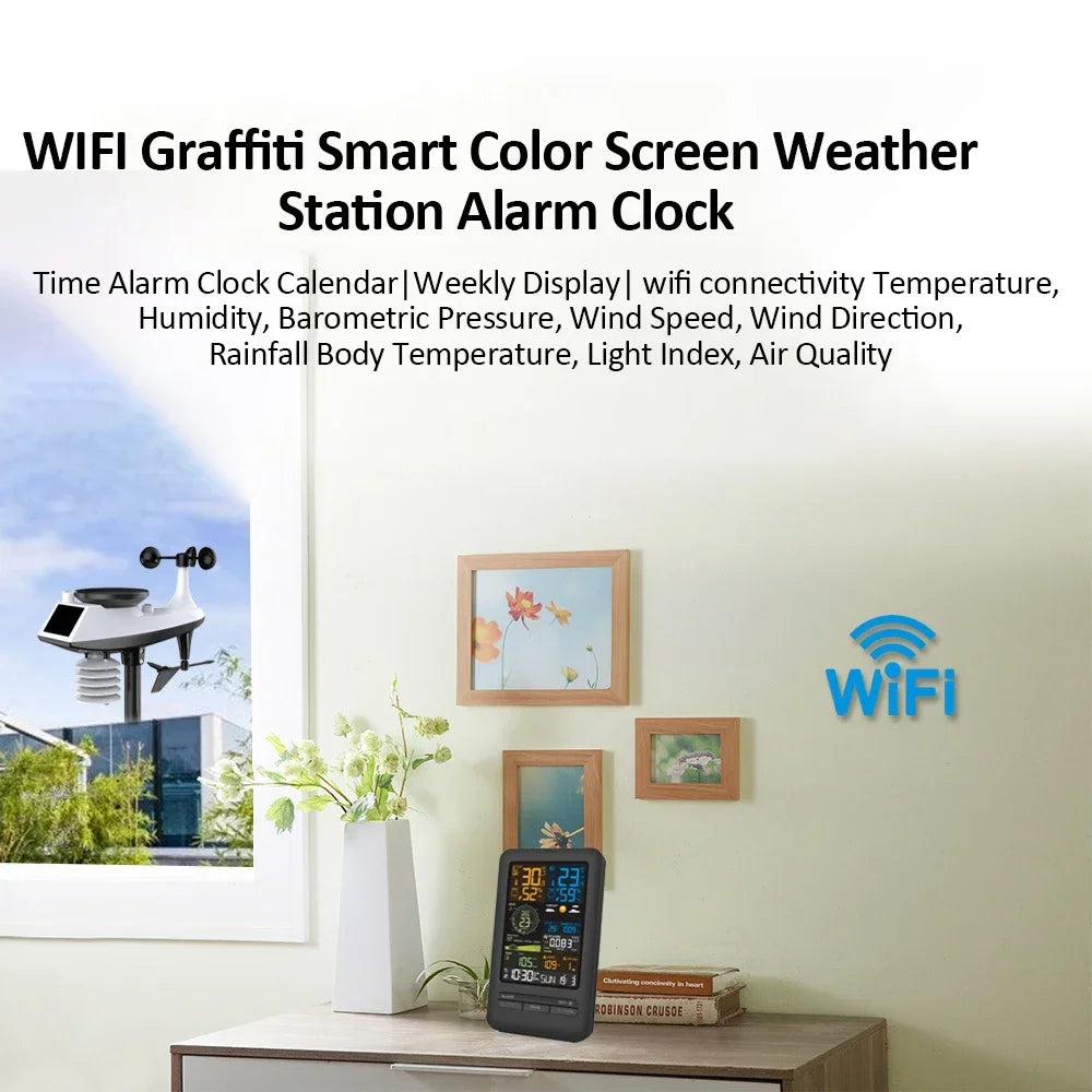 WiFi Smart Weather Station Smart Home Digital Thermometer with Sensor  Temperature Humidity Date Light Index Air Quality Monitor