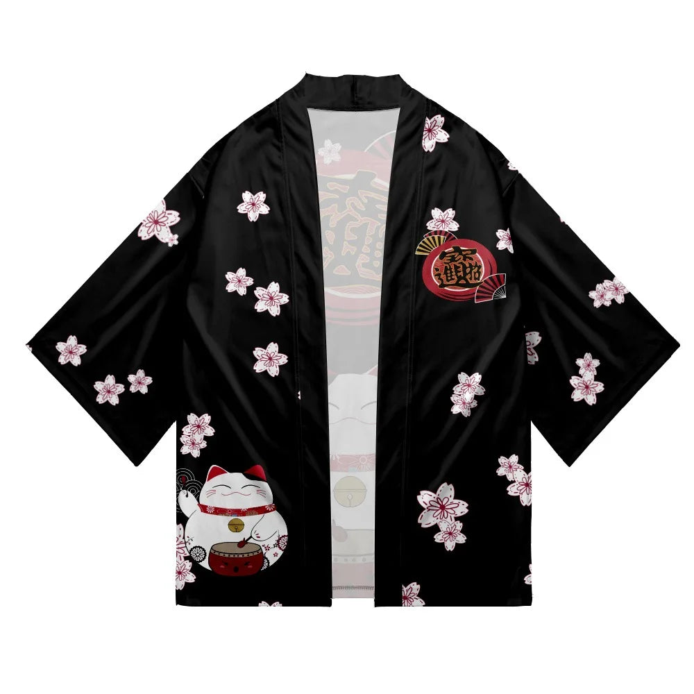 Japanese Sakura Cat Samurai Printed Kimono for Men Women, Haori Cardigan, Traditional Costume, Loose Short Sleeve Cloak, S-3XL