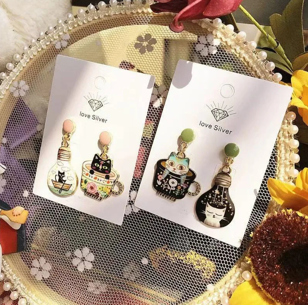 Poured to Purrfection – Sweet Cup Cat Earrings That Stir Joy with Every Swing