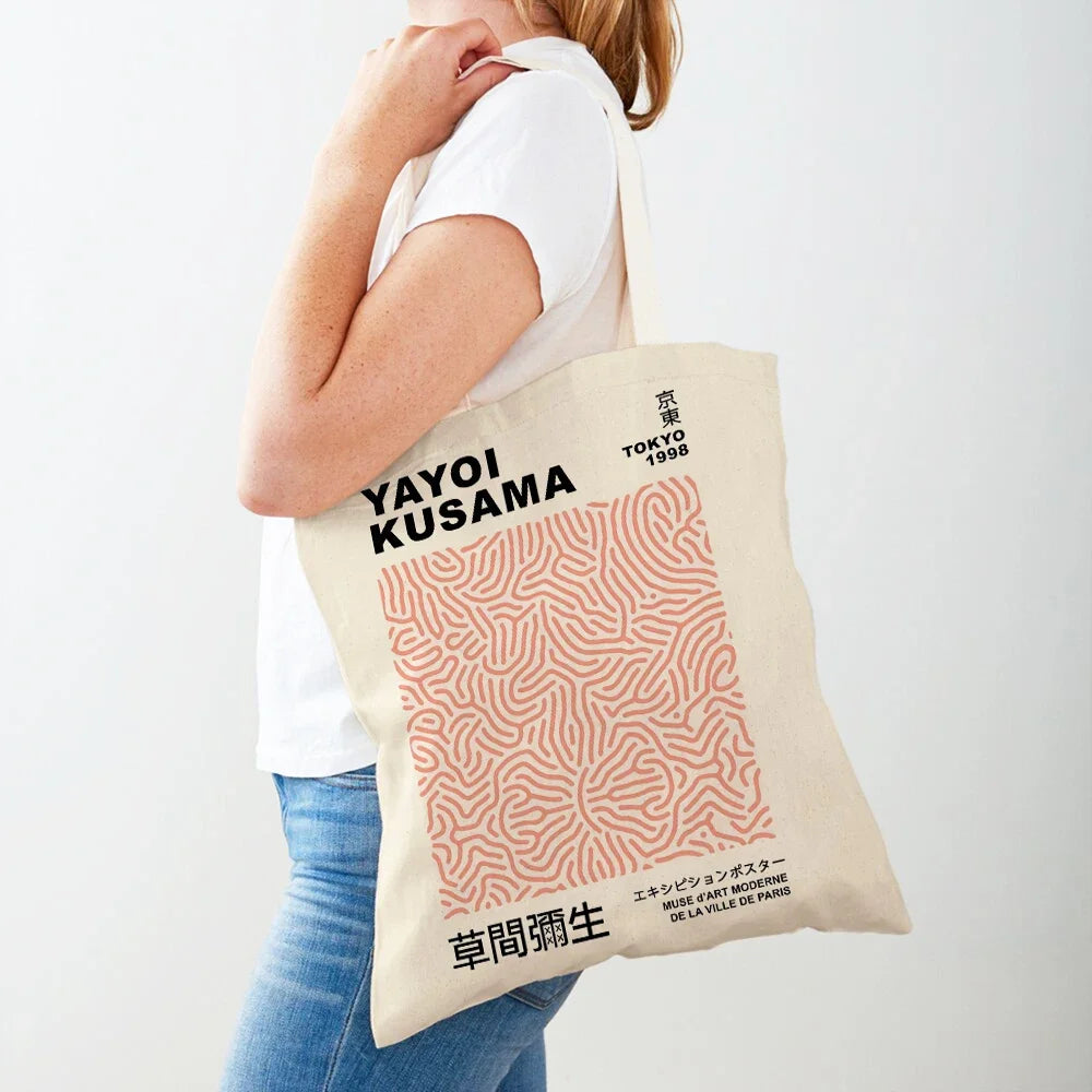 Yayoi Kusama Art Shopping Bags for Women Both Sided Japanese Abstract Casual Shopper Bag Lady Canvas Tote Travel Handbags