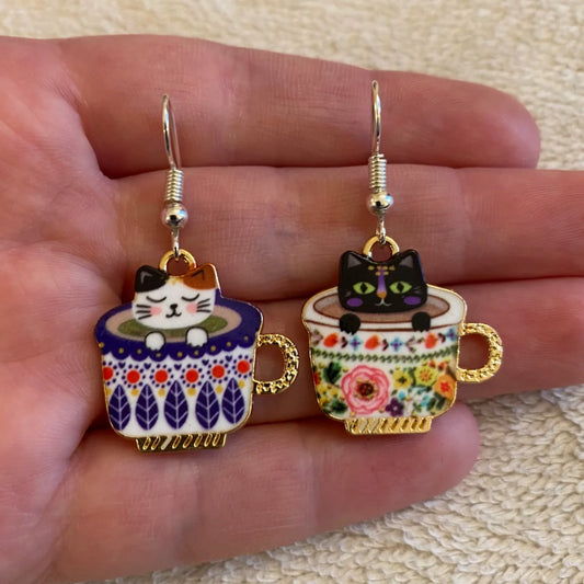 Poured to Purrfection – Sweet Cup Cat Earrings That Stir Joy with Every Swing