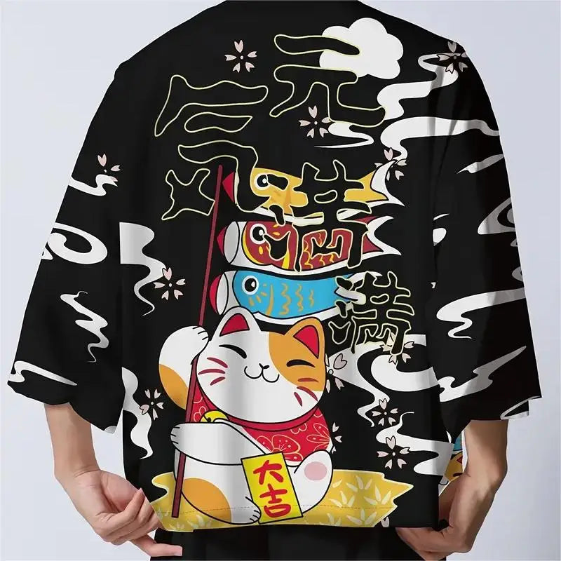 Japanese Sakura Cat Samurai Printed Kimono for Men Women, Haori Cardigan, Traditional Costume, Loose Short Sleeve Cloak, S-3XL
