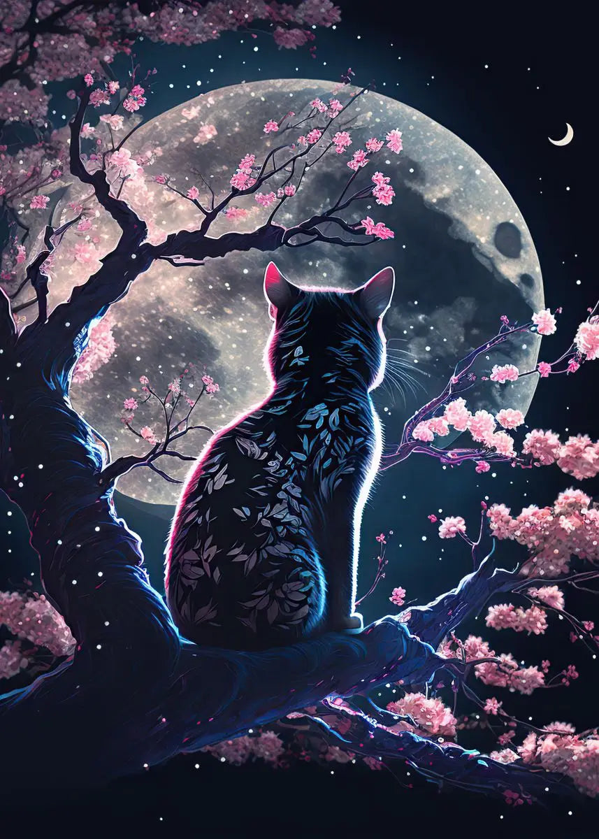 AB Fairy Dust Diamond Painting Cats Cherry Blossom Wall Art Animals Japan Style Abstract Art Lovely Cats Pictures Kid Room Decor