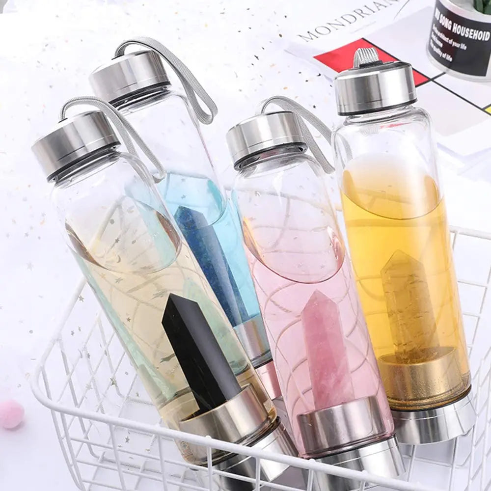Crystal Water Bottle Gem Water Bottle Crystal Glass Water Energy Bottle Wellness Gem Water Bottle With Removable Natural Center