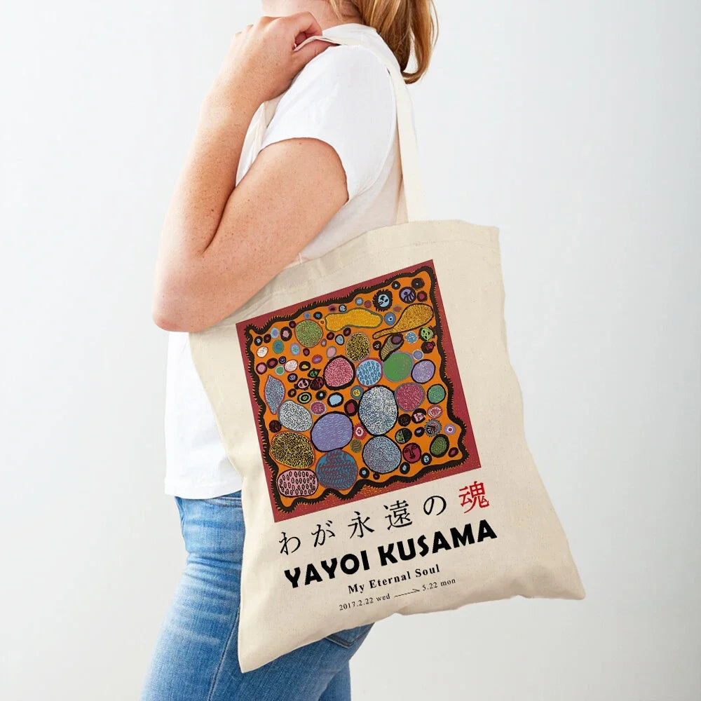 Yayoi Kusama Art Shopping Bags for Women Both Sided Japanese Abstract Casual Shopper Bag Lady Canvas Tote Travel Handbags