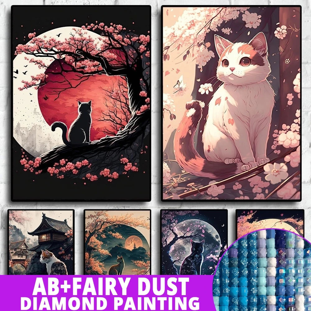 AB Fairy Dust Diamond Painting Cats Cherry Blossom Wall Art Animals Japan Style Abstract Art Lovely Cats Pictures Kid Room Decor