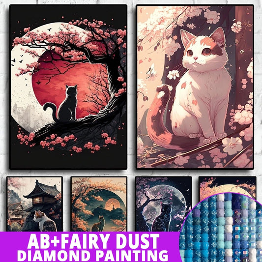 AB Fairy Dust Diamond Painting Cats Cherry Blossom Wall Art Animals Japan Style Abstract Art Lovely Cats Pictures Kid Room Decor