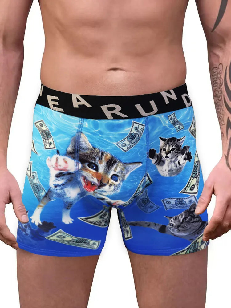 Fashion Men's 3D Cat Printed Funny Pattern Tilament Pants Breathable and Comfortable Fast Dry Sport Boxers Briefs Plus Size