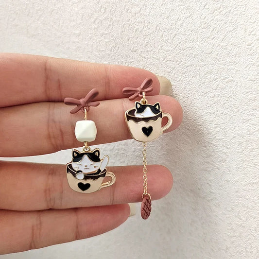 Pour a Little Joy into Your Day – Asymmetric Teacup Kitten Tassel Earrings for Playful Charm That Warms the Heart