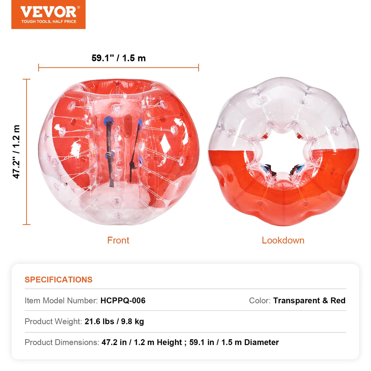 VEVOR 5FT/1.5M Inflatable Bumper Ball BBody Bubble Zorb Ball for Teen & Adult Body Bubble Soccer Balls PVC Hamster Bubble Balls