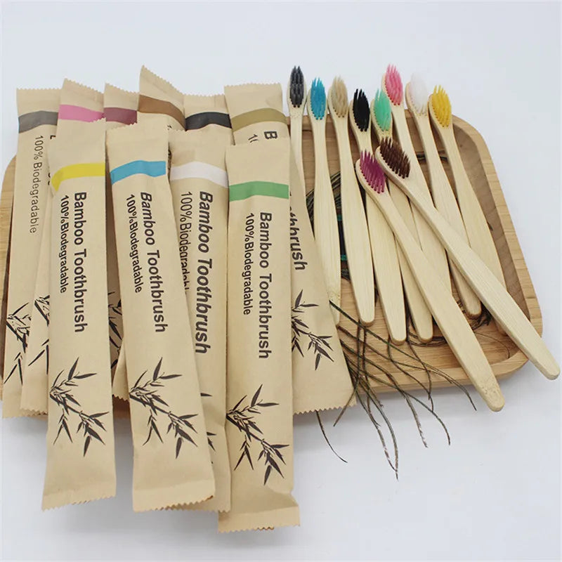 50/100Pcs Customisable Logo Soft Bristle Bamboo Toothbrush Eco Friendly Wood Tooth Brushes Traveling Teeth Care Tools for Adults