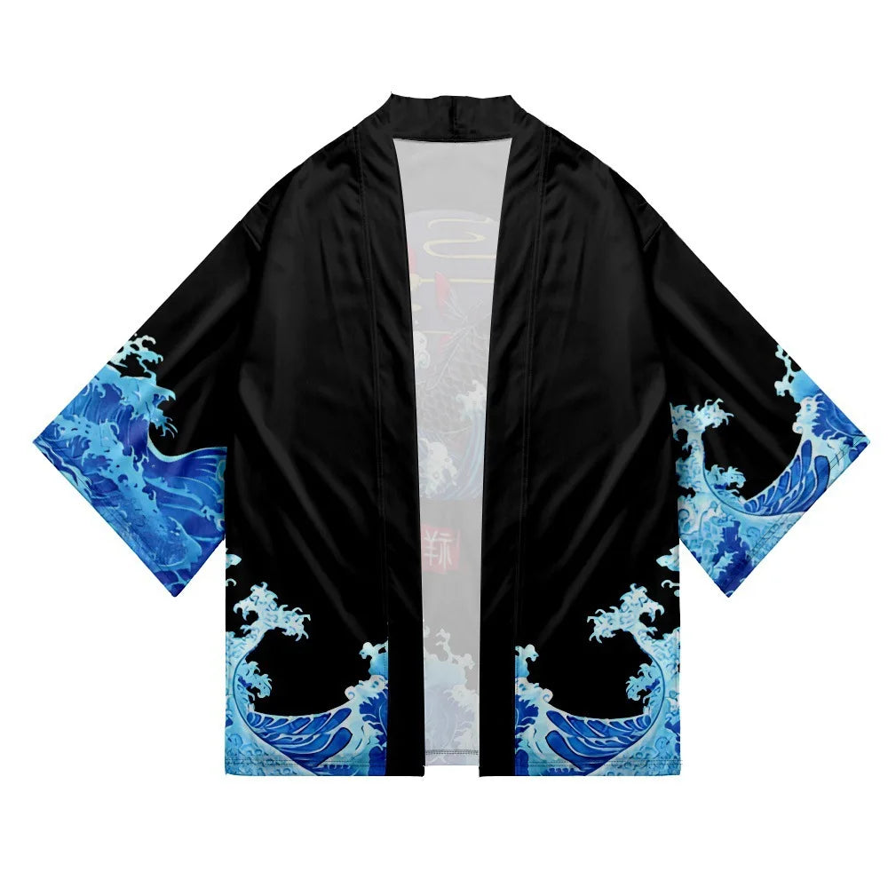 Men and Women's Japanese Kimono, Wave Carp, 3D Print Pattern Coat, Green Traditional Haori Cardigan, Japan Black Beach Clothing