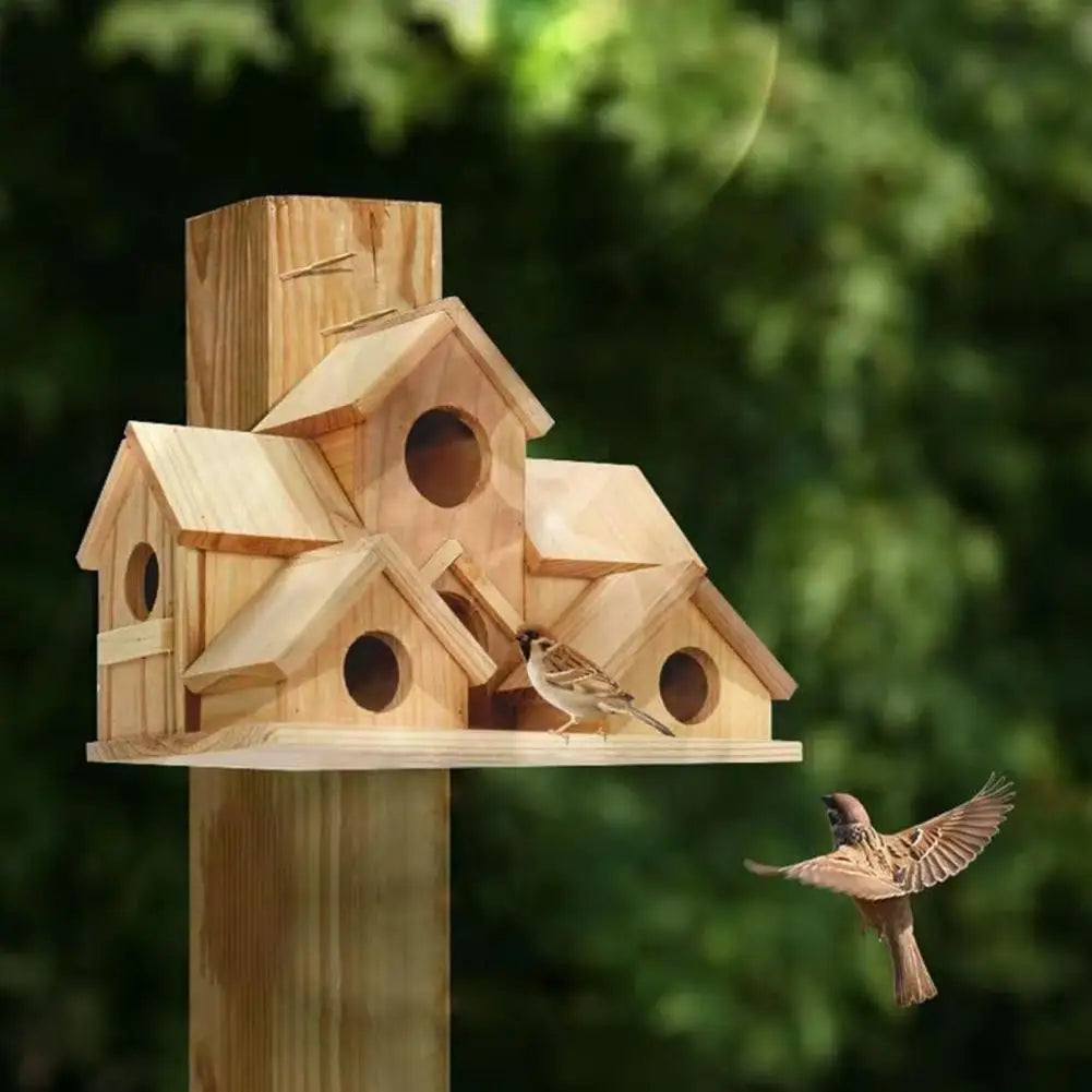 A Garden Full of Song – Handcrafted Wooden Birdhouse with 6-Room Haven for Feathered Guests