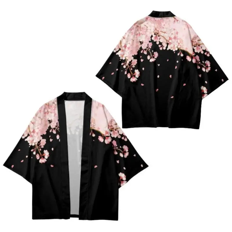 Asian Traditional Clothes Pink Floral Printed Japanese Kimono Men Women Loose 7 Sleeve Harajuku Haori Fashion Beach Cardigan