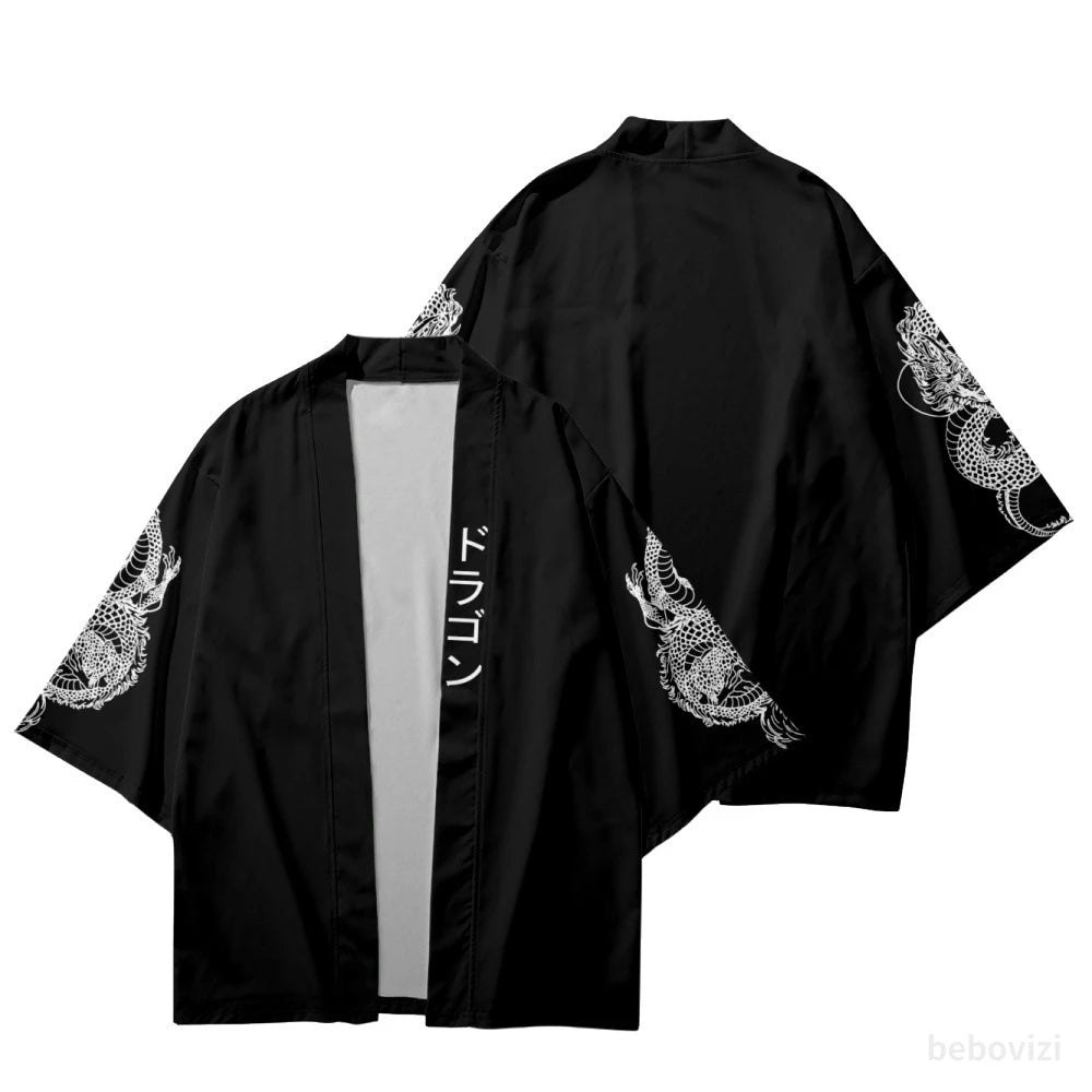 Sleeves Dragon Print Black Kimono Loose Japanese Streetwear Cardigan Women Men Harajuku Haori Cosplay Top Shirts Yukata