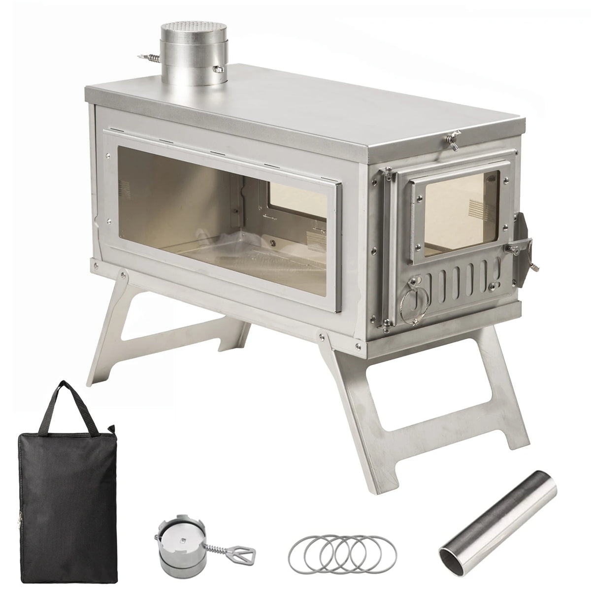 Portable Camping Tent Stove Ultralight Stainless Steel Foldable Wood Burner Stove with Glass WindowsTent Heaters for Outdoor