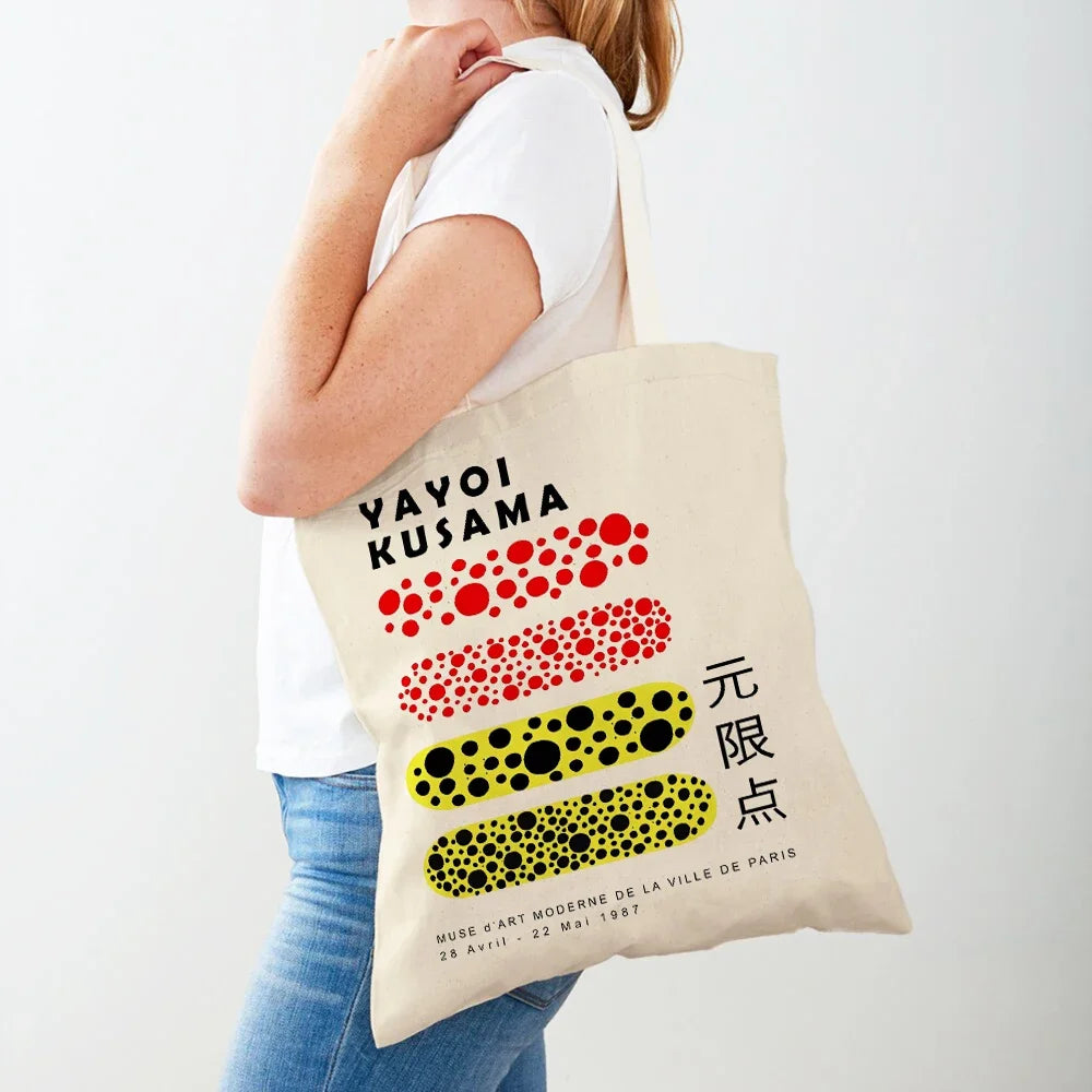Yayoi Kusama Art Shopping Bags for Women Both Sided Japanese Abstract Casual Shopper Bag Lady Canvas Tote Travel Handbags