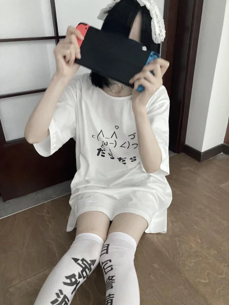 2025 Y2k Aesthetic Summer Loose T-shirt Women Casual O Neck Japanese Cartoon Tops Cute Short Sleeve Kawaii Sweet Harajuku Tees