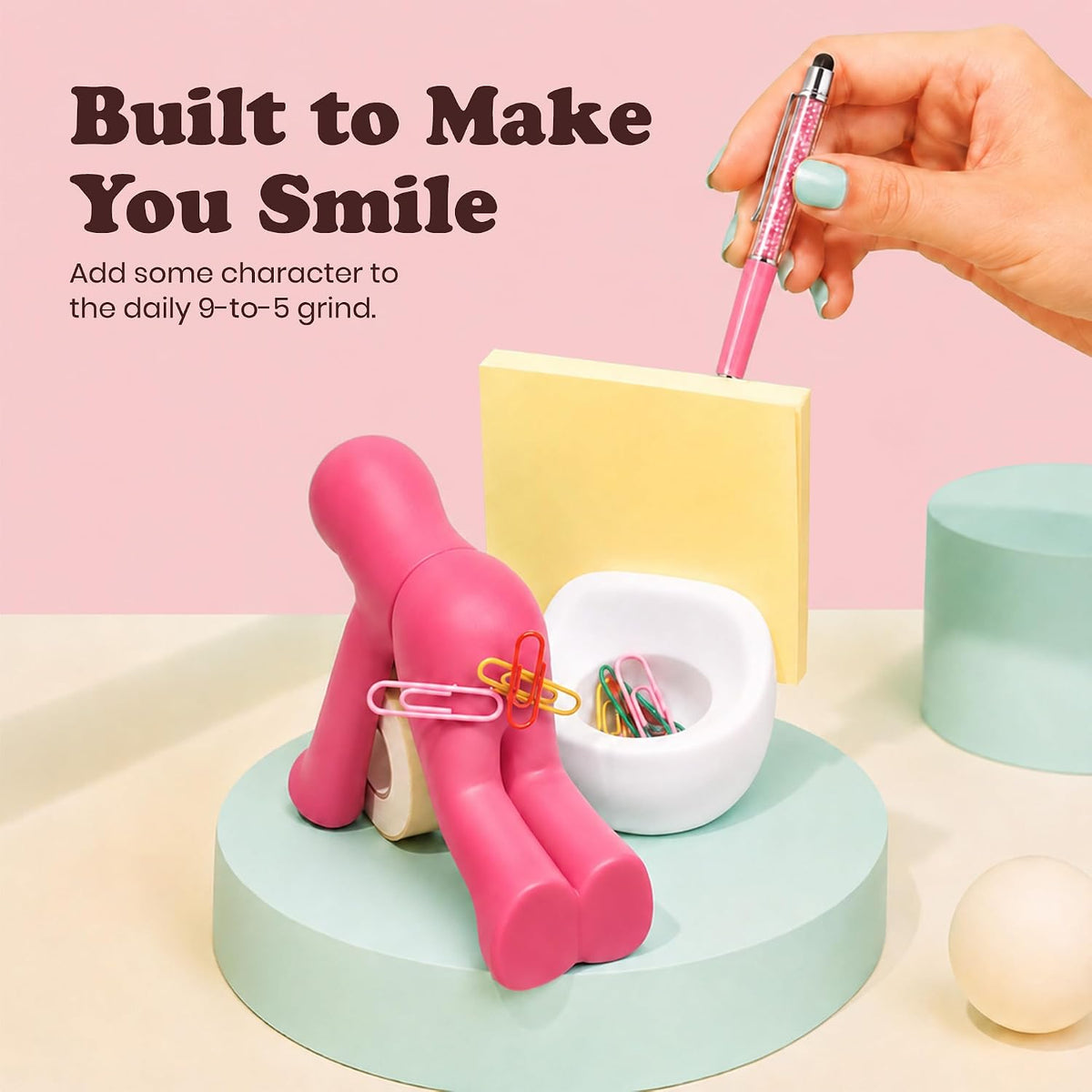 The Butt Tape Dispenser - Funny Gifts for Men, Women, Dad & Teacher - Novelty Desk Accessory & Stationery Organiser, Quirky Office Gadget & Gag Gift, Includes Tape, Pen & Paper Clips (Pink)