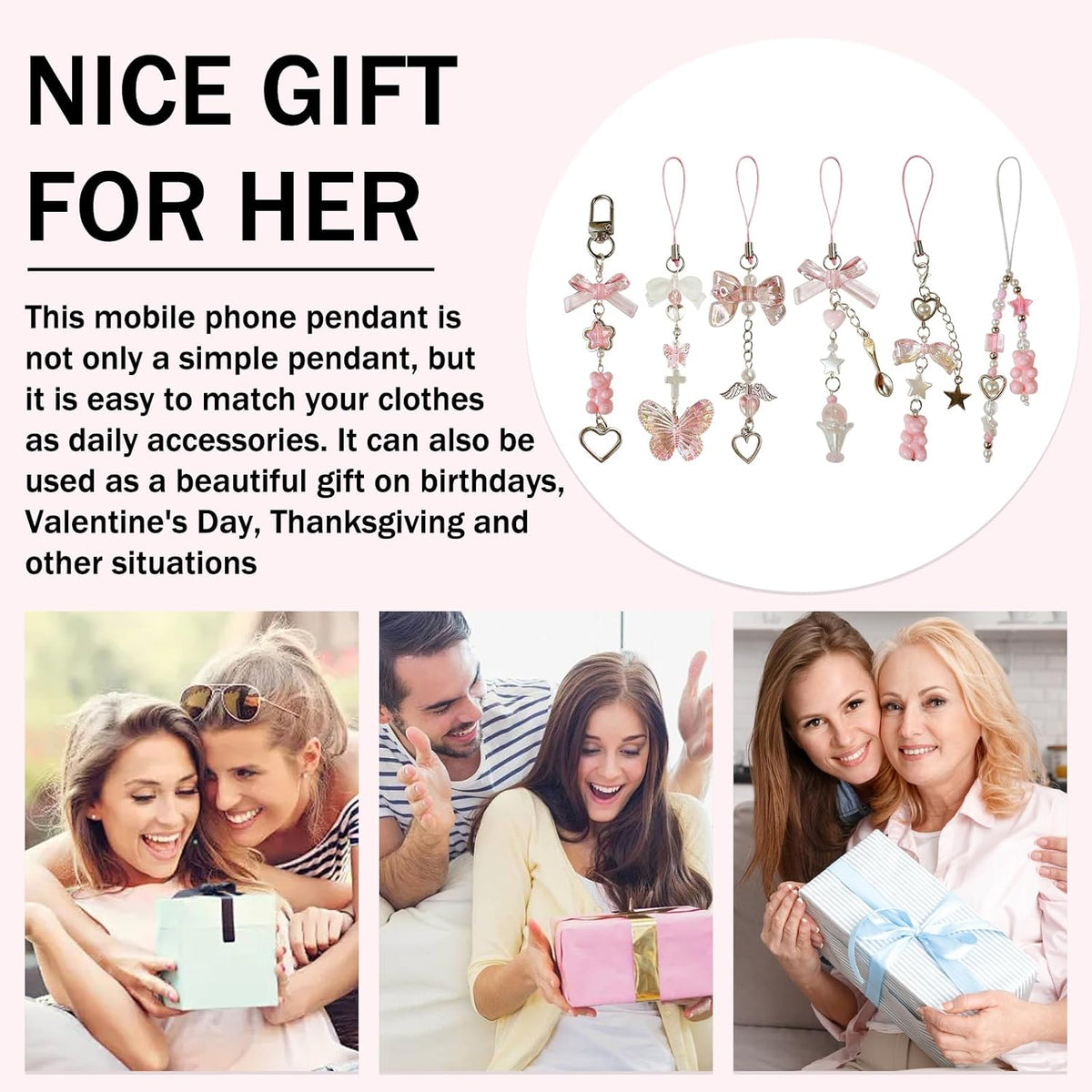 6PCS Pink Phone Charms, Pink Butterfly Bear Phone Charm Strap Y2K Accessories for Keychain Airpods Bag Pendants, Perfect Gifts for Women Girls