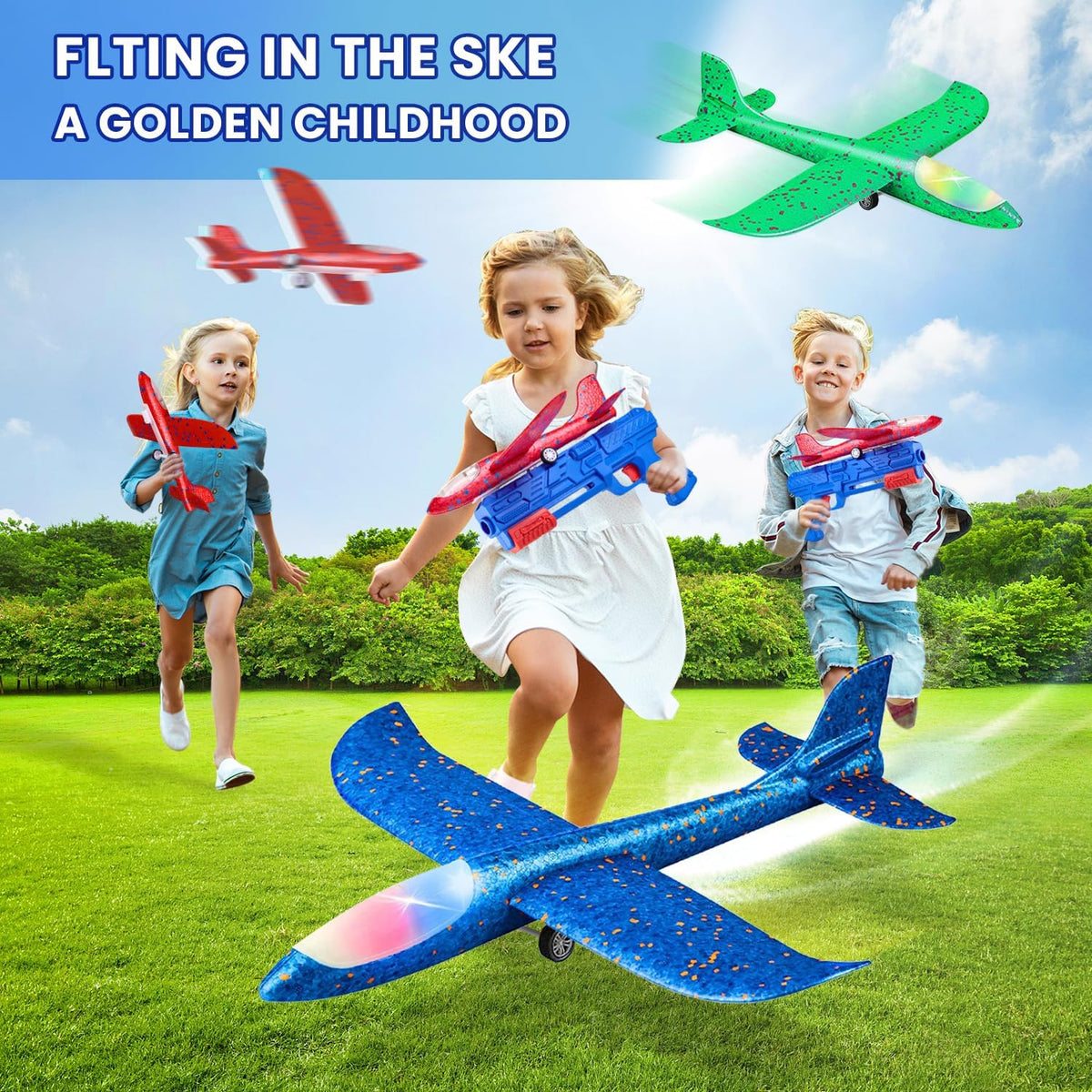 Toy Airplane, 3 Pack Airplane Launcher Toy 2 Flight Mode Glider LED Foam Glider Plane Outdoor Toys for Kids Ages 4 5 6 7 8 9 10 11 12 Year Old Boys Birthday Gift, Educational Flying Kids Toys