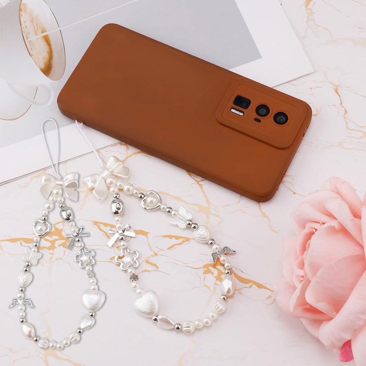 Y2K Bracelet with Keychain Charm Pearl Phone Hanging Rope Chain