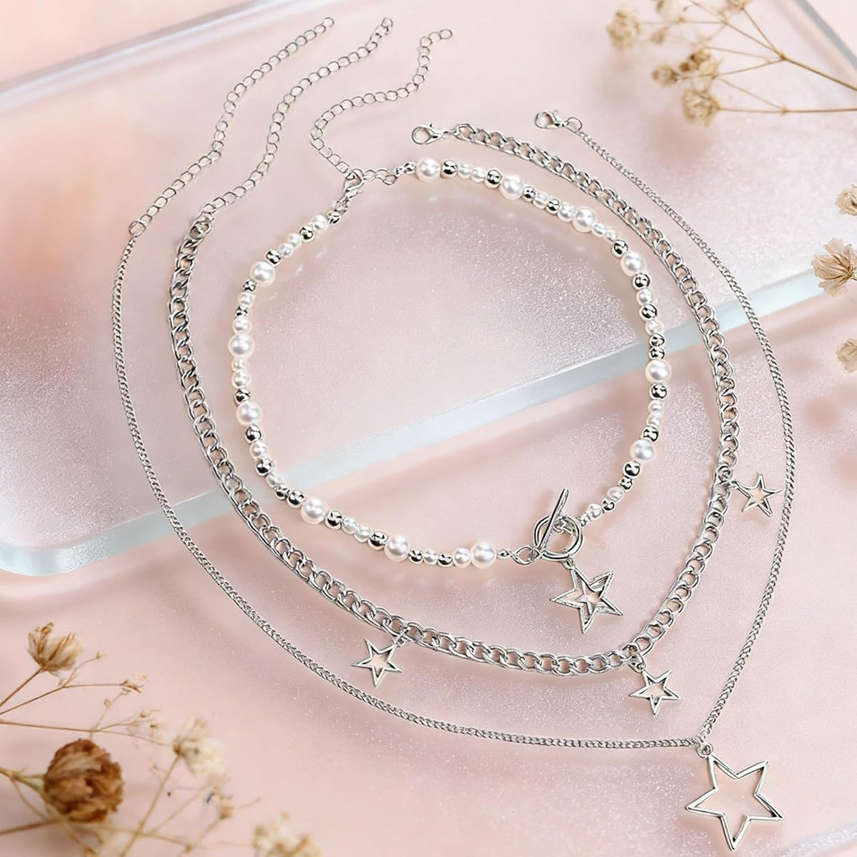 Star Necklace Silver Layered Necklaces for Women,Chunky Necklaces for Women