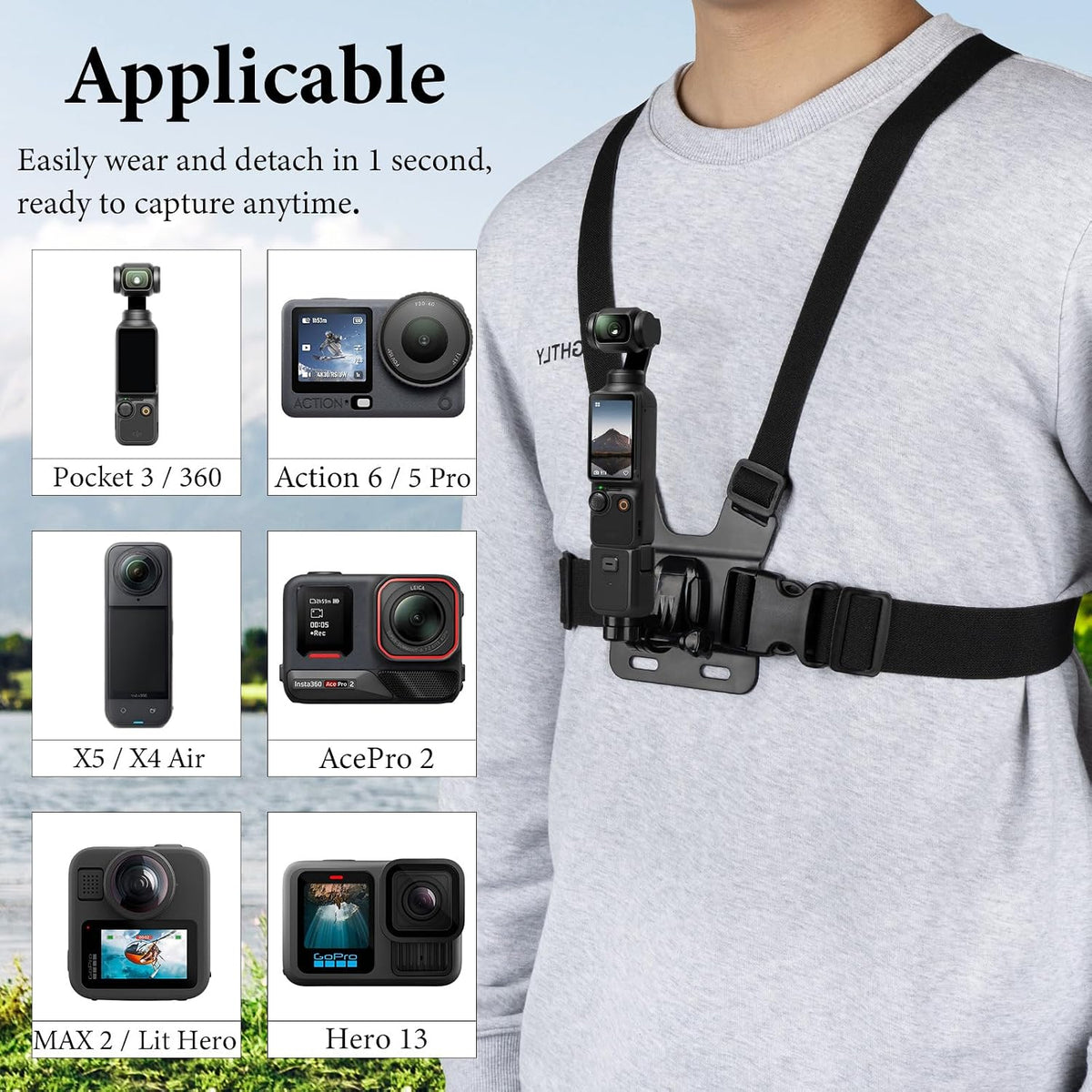 Chest Mount Strap, Adjustable Harness, Compatible with DJI Osmo Pocket 3, Action 6, 5 Pro, Osmo 360, Insta360 Acepro 2, X5, X4 Air, Hero 13, MAX 2 Action Camera Accessories (Black)