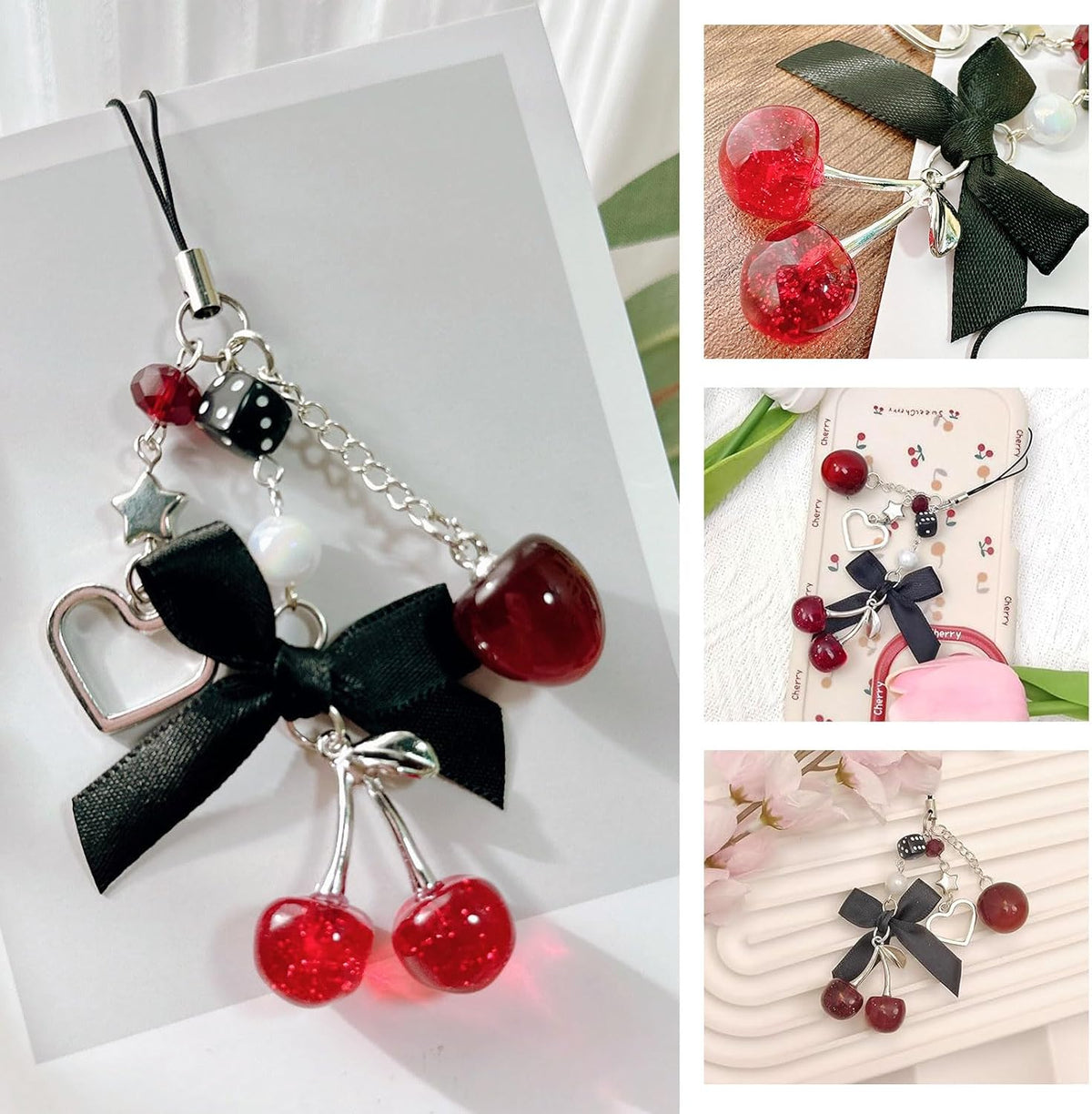 Phone Charm Strap, Cute Cherry Handphone Straps, Aesthetic Pink-Red-Black Blueberry Phone Chain, Y2K Accessories for Camera Keychain Bag Charm Decor Present
