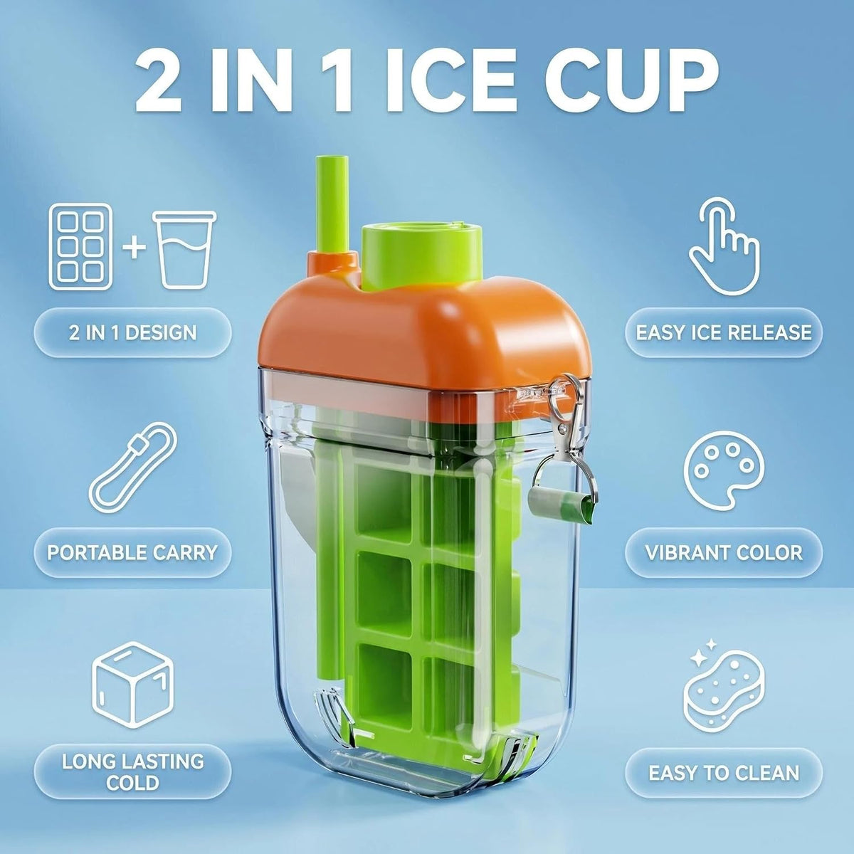 2 in 1 Ice Maker Cup with Straw, All in One Ice Cube Tray Water Bottle, One Press Quick Release ICES Cube Mold, Portable Leakproof Cold Drink Water Jug for Home Outdoor Camping Summer (Green)