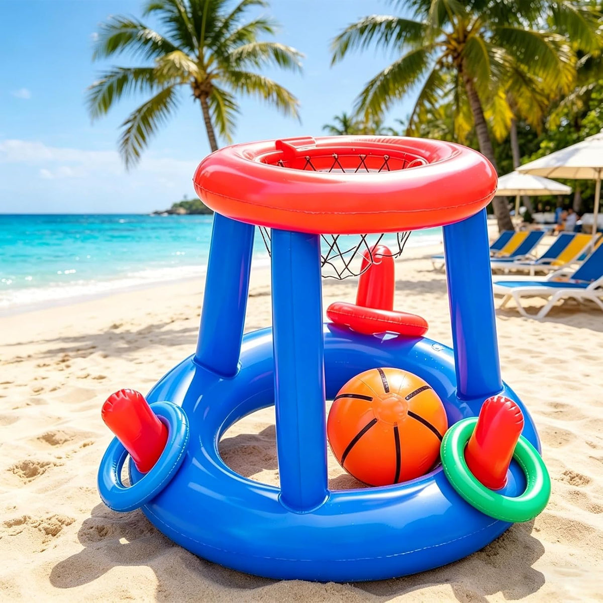 5-Piece Inflatable Pool Basketball Hoop Ring Toss Game Set with Basketball and 3 Rings, Floating Water Sport Toy for Intex above Ground Pools and Backyard Summer Parties