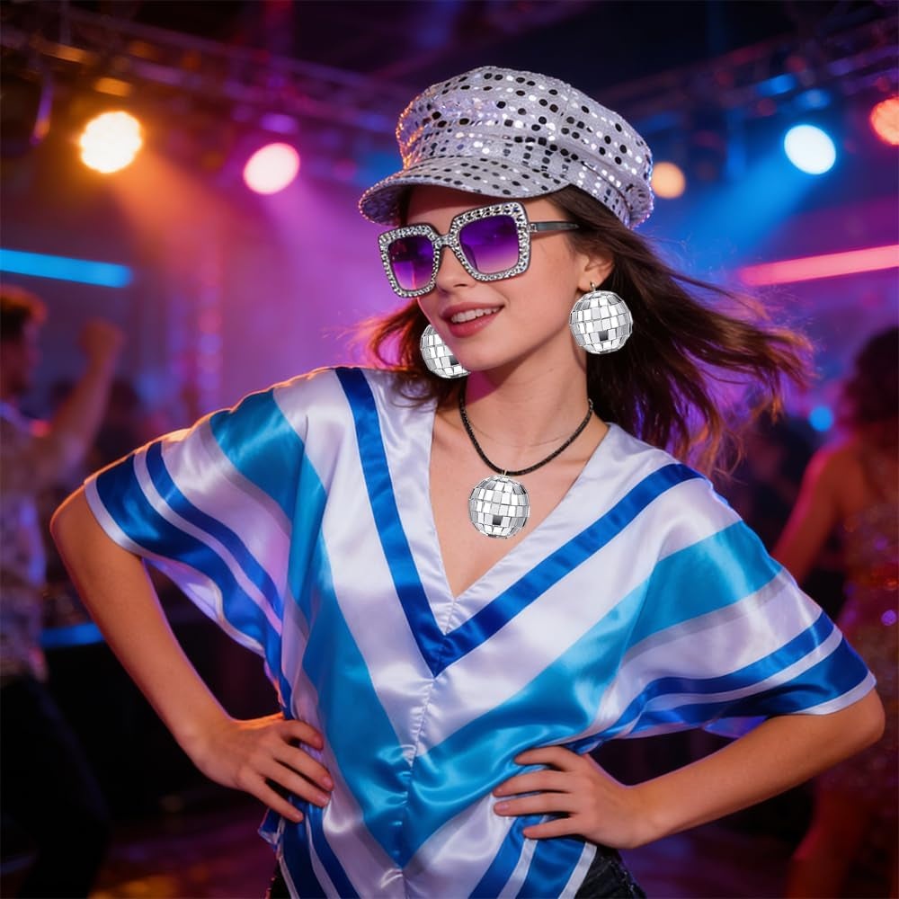 Abba Fancy Dress Costume, 5 Pcs Set Abba Outfits with Abba Pop Poncho Sequin Beret Hat Necklace Earrings Square Sunglasses, Retro Disco Set, 70S 80S Fancy Dress for Women