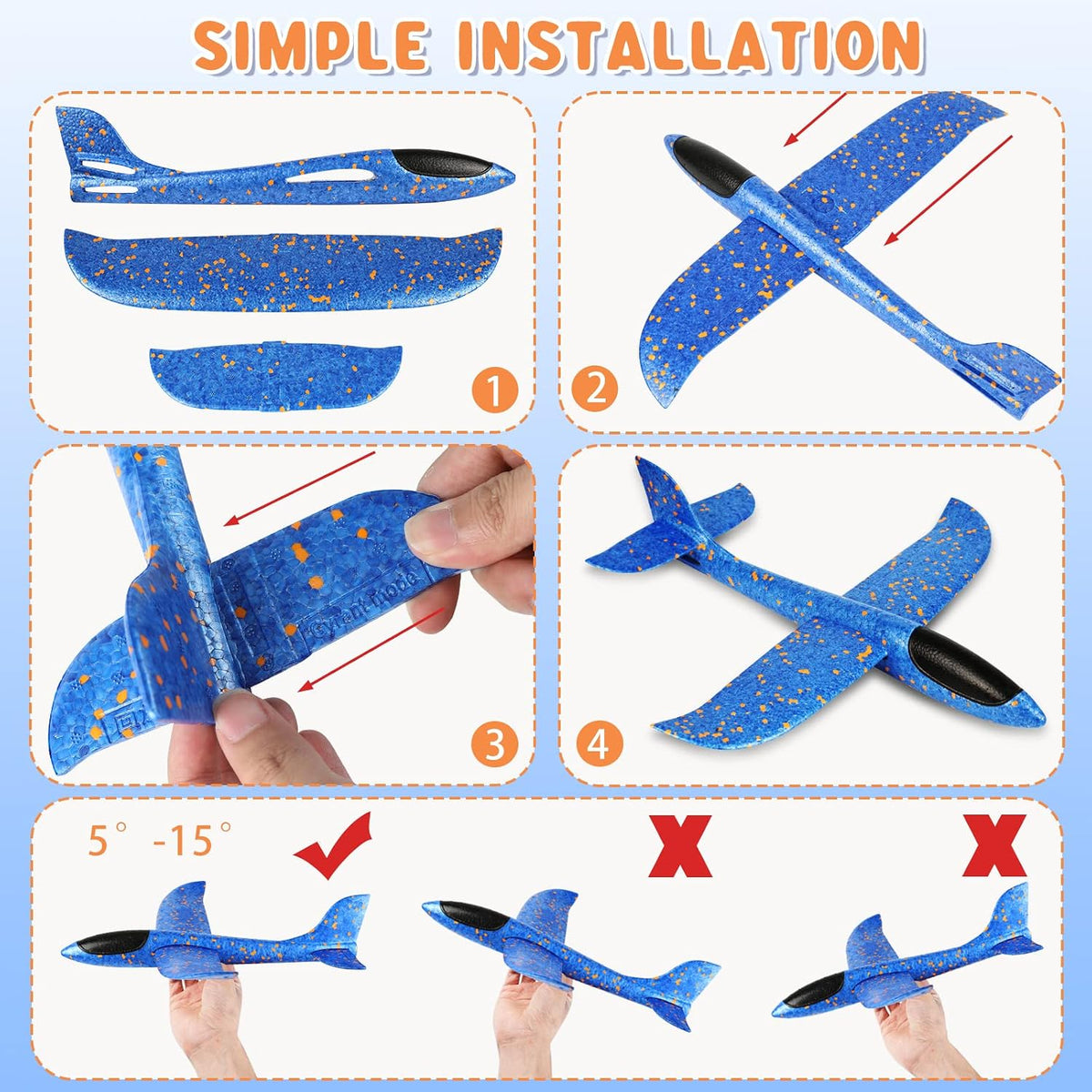 Foam Glider Planes for Kids, 4 Pcs Large Airplane Toys 17.3'' Polystyrene Aeroplane Toys Flying Gliders, Manual,Eep, Sturdy, Suitable for Family Outdoor Sports Parent-Kid Activities