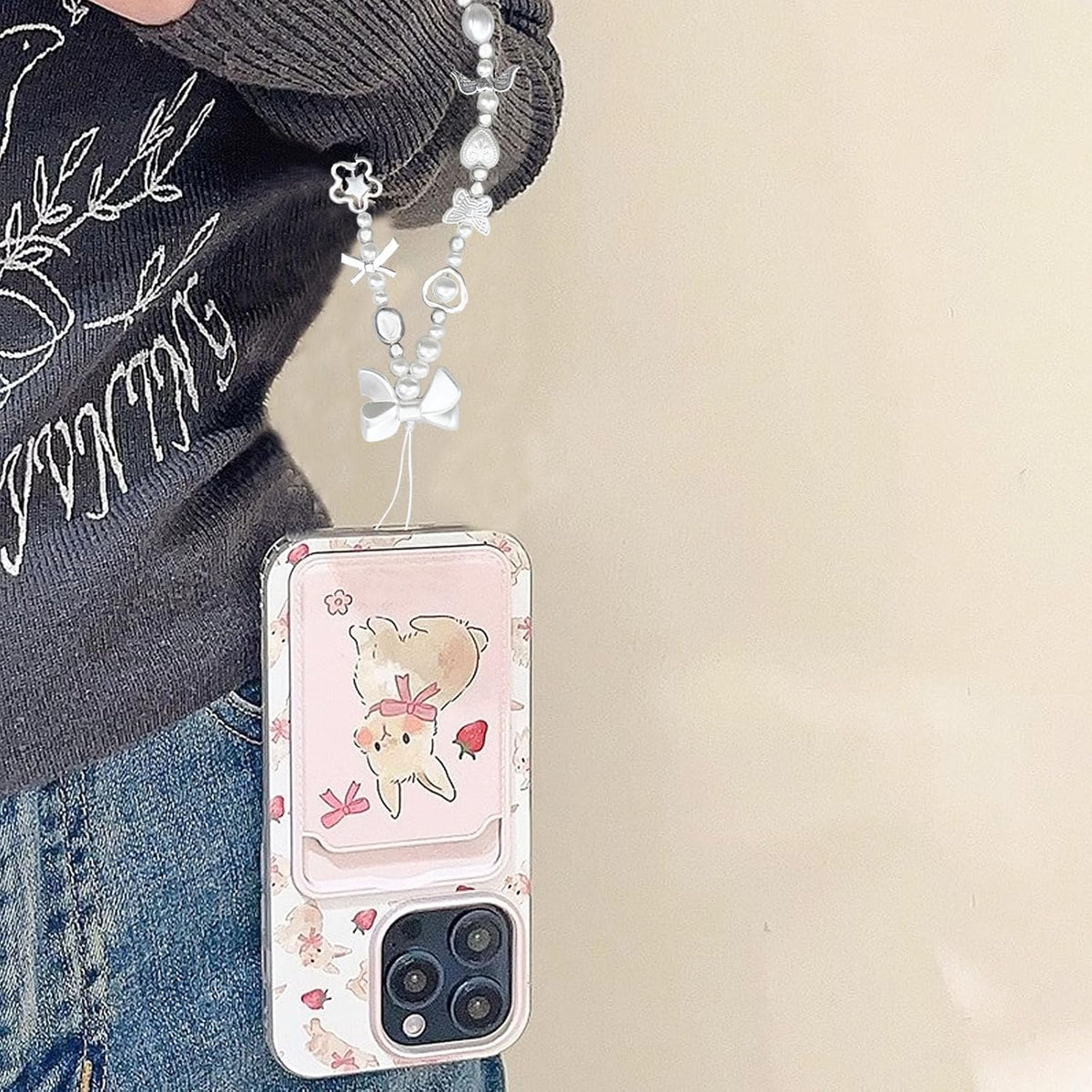 Y2K Cute Heart Pearl Bow Beaded Phone Charm Wrist Strap Bowknot Bracelet Keychain Wristlet Accessories for Cell Phone Digital Camera